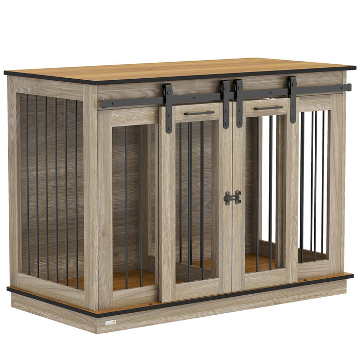 PawHut Dog Crate Furniture for Large Dogs with oak tone finish and black sliding metal doors