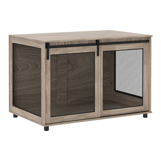 PawHut Dog Crate Furniture with sliding door and mesh panels in a brown wood effect finish