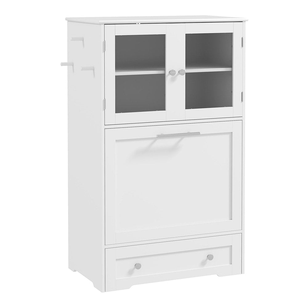PawHut Dog Feeding Station with 2 Storage Cabinets, a white wooden cabinet with two glass doors on top and a drawer below