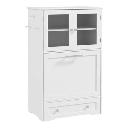 PawHut Dog Feeding Station with 2 Storage Cabinets, a white wooden cabinet with two glass doors on top and a drawer below
