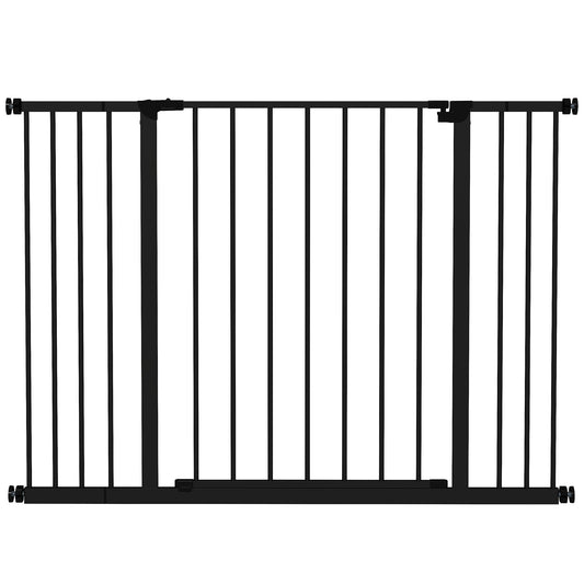 PawHut Dog Gate in black with a central locking door and adjustable pressure fit side bolts