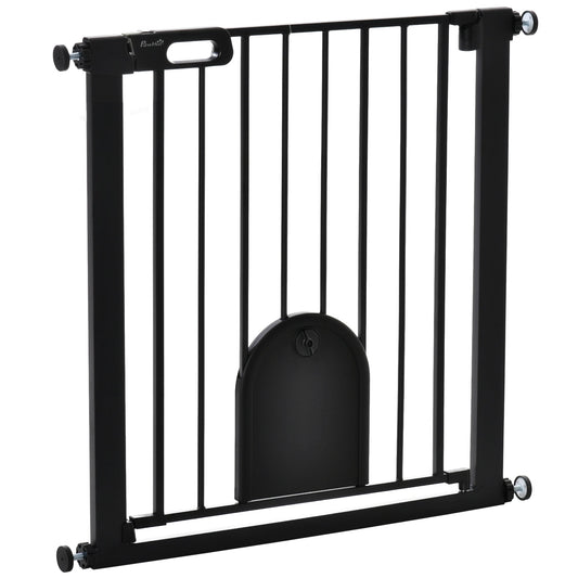 PawHut Dog Gate, a black metal safety gate with a small cat flap in the centre