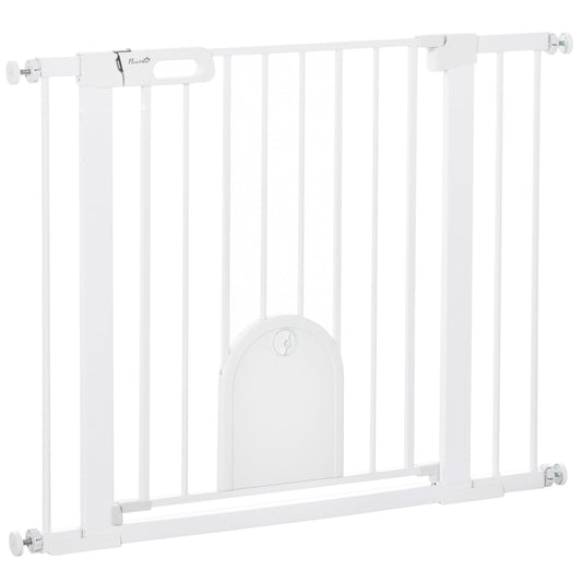 PawHut Dog Gate in white featuring a small cat flap and pressure fit tension bolts