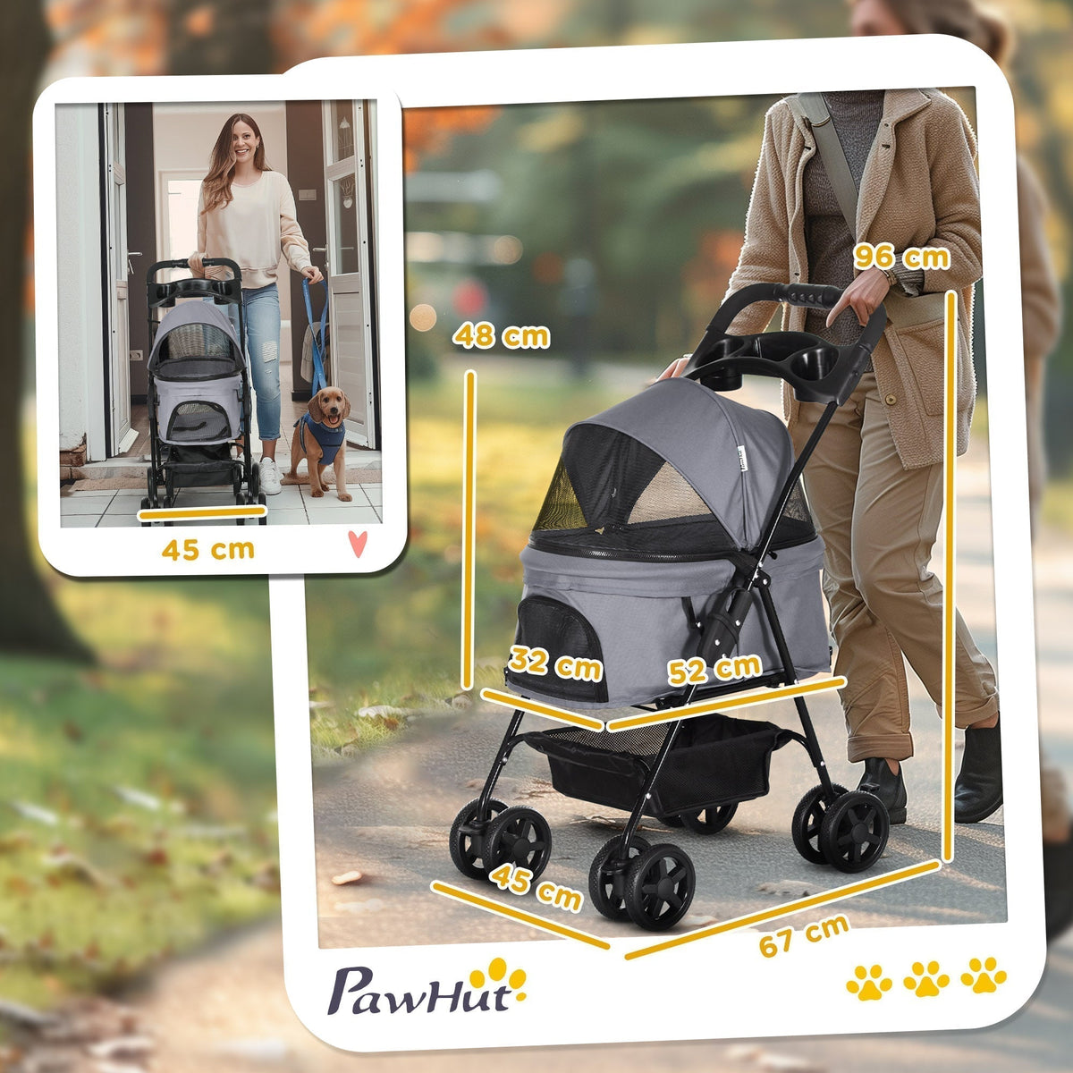 Size diagram of the grey dog stroller with dimensions labelled