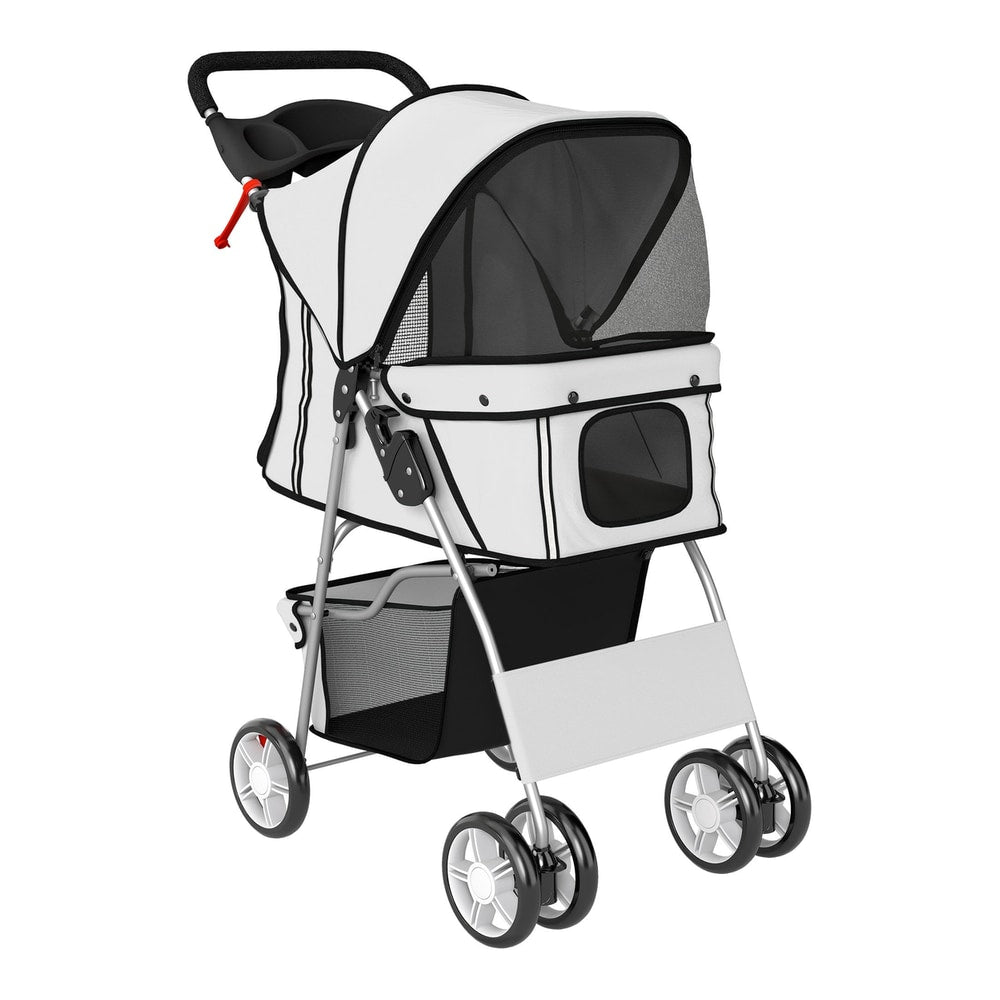 PawHut Dog Pram, a grey and white pet stroller with a basket underneath and swivel wheels
