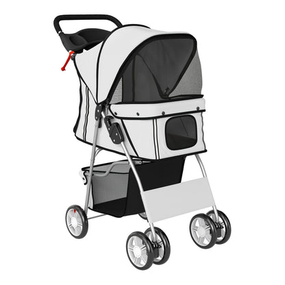 PawHut Dog Pram, a grey and white pet stroller with a basket underneath and swivel wheels