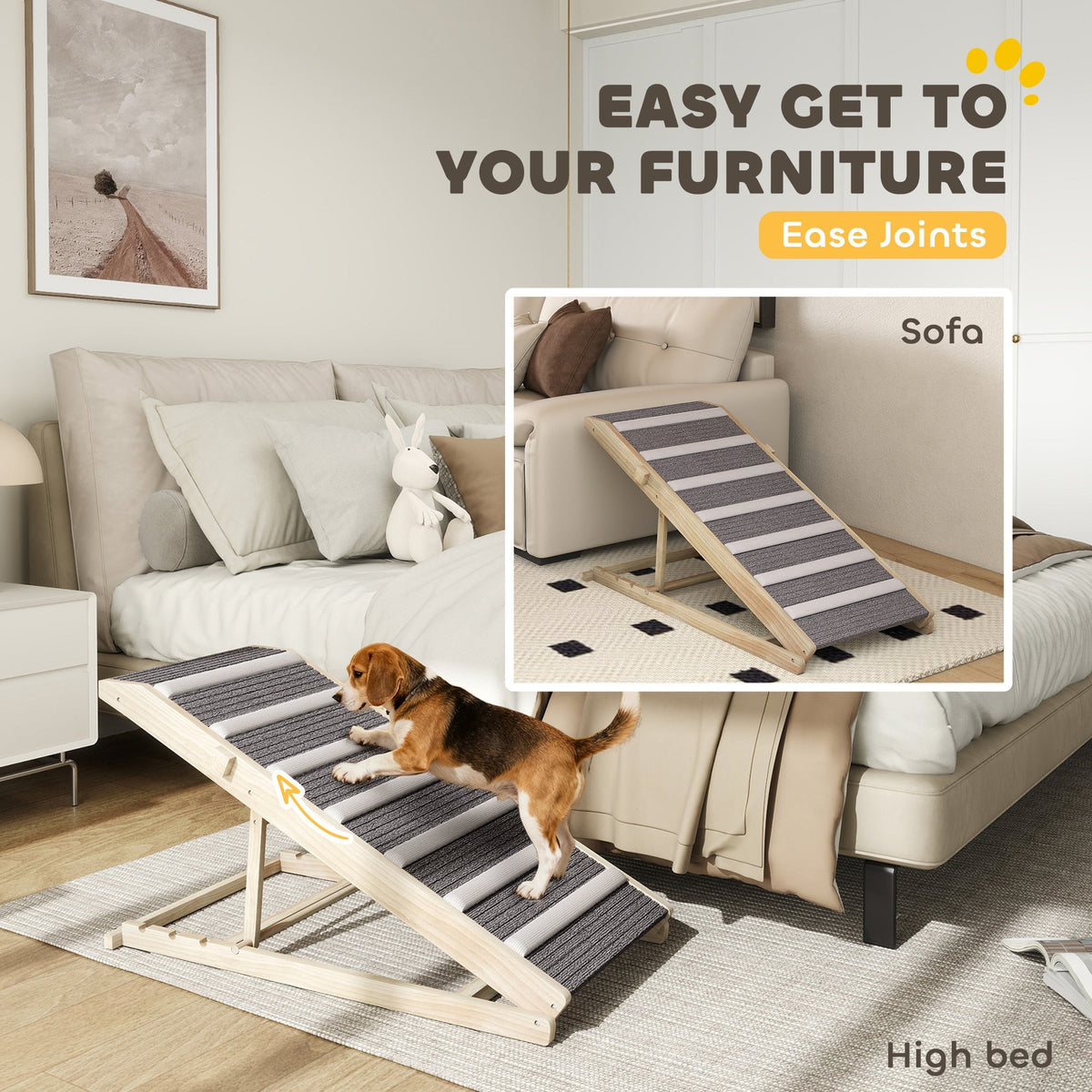A dog uses the pet steps & ramps to get onto a high bed, with text overlay 'EASY GET TO YOUR FURNITURE