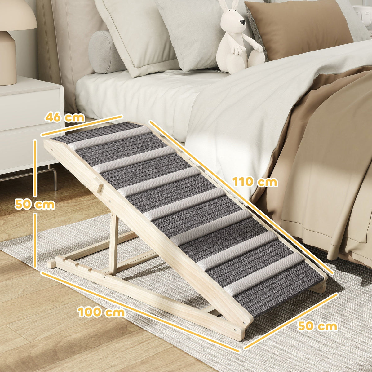 This adjustable pet climbing ladder has dimensions marked on it for length and height