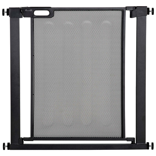 PawHut Dog Safety Gate, a black metal and mesh pressure-fit pet barrier with a handle