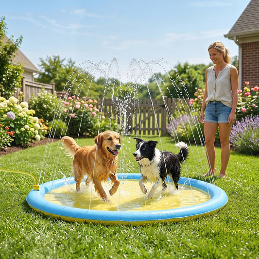 The dog splash mat in use with two dogs playing in the water jets in a sunny garden