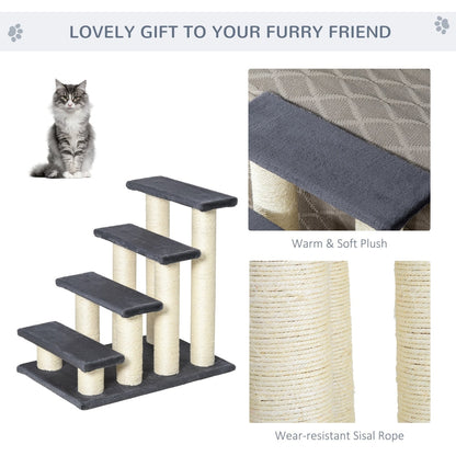 Close-up views of the soft plush steps and wear-resistant sisal scratching posts on the four-step pet stairs