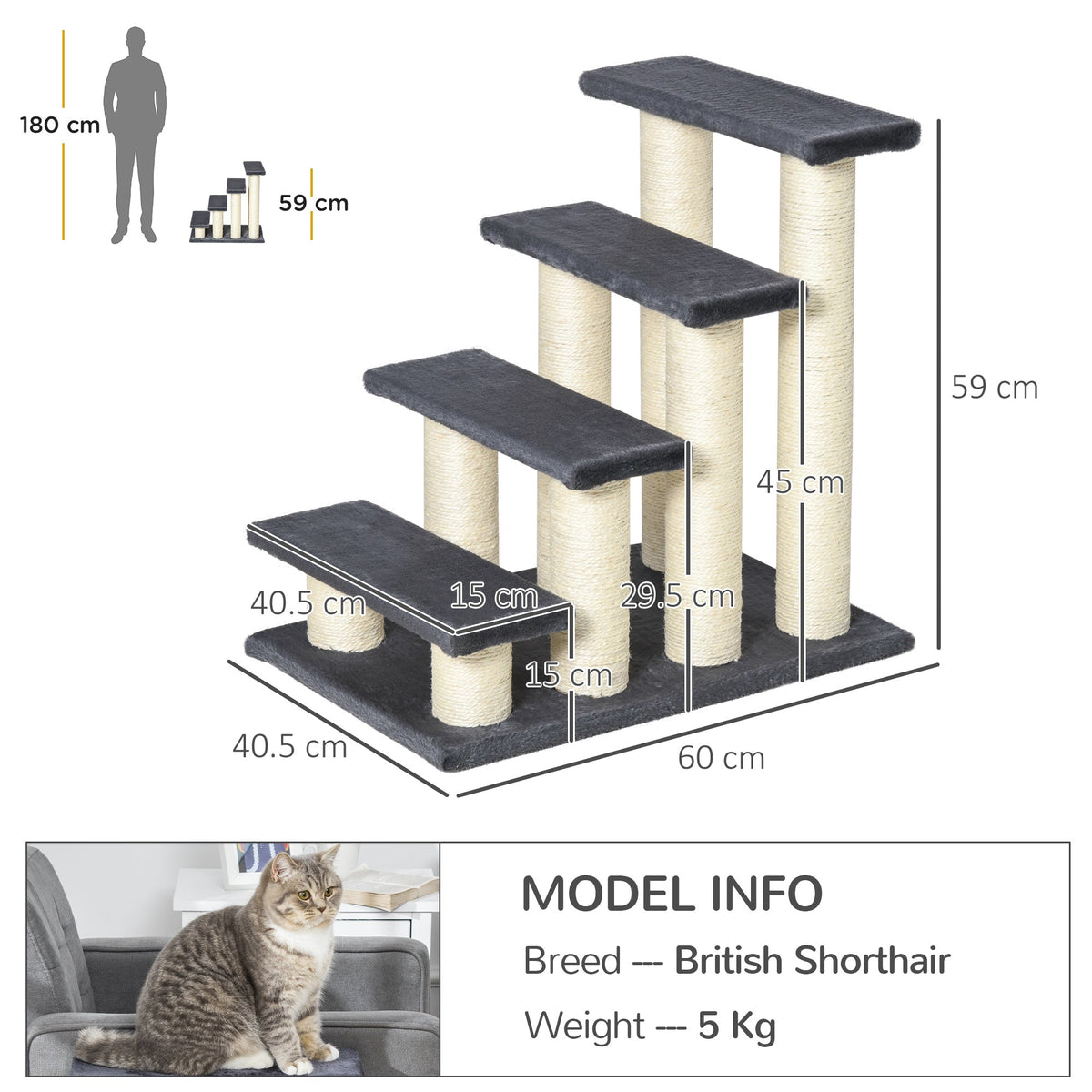 Dimensions of the four-step pet stairs with scratching posts, with a person silhouette for scale