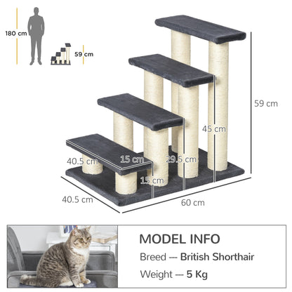 Dimensions of the four-step pet stairs with scratching posts, with a person silhouette for scale
