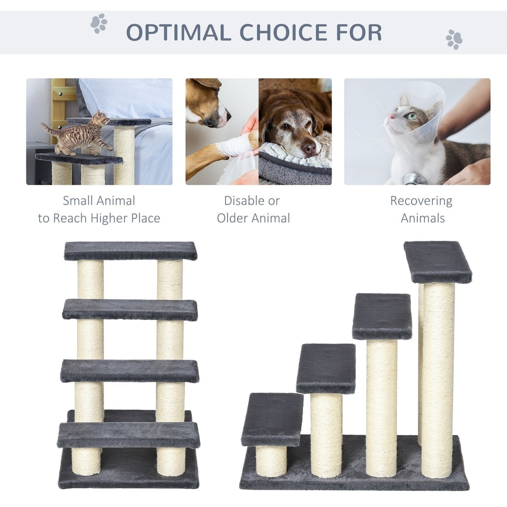 Two configurations of the four-step pet stairs, one as a ramp and one as stairs, showing suitability for different pets