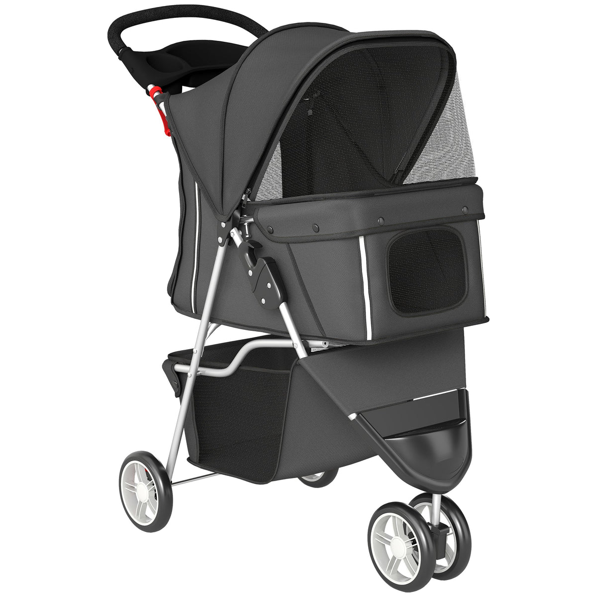 PawHut Dog Stroller, a dark grey three-wheeled pet carrier with a canopy and storage basket