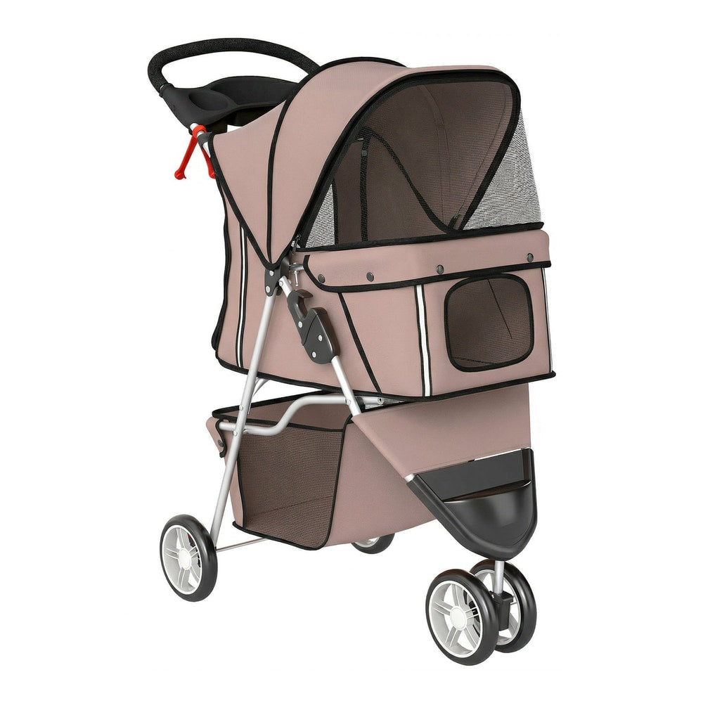 PawHut Dog Stroller, a coffee coloured three-wheeled pet carrier with a canopy and storage basket