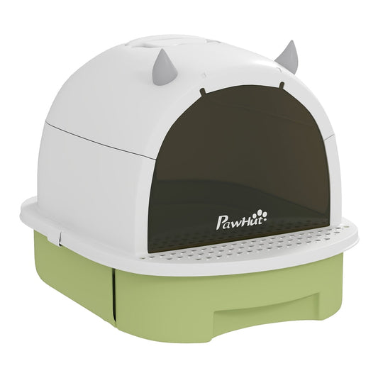 PawHut Enclosed Cat Litter Box w/ Pull-Out Drawer in white and green with a dark tinted door