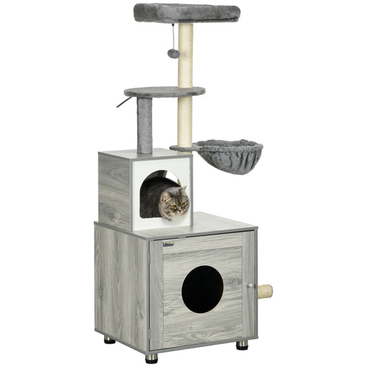 PawHut Enclosed Cat Litter Box with Cat House, a grey wooden structure with platforms, scratching posts and a cat bed