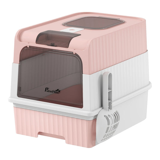 PawHut Enclosed Cat Litter Box with Lid in pink and white, showing the front and side