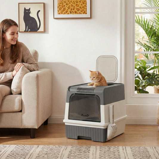 The litter box placed in a living room with a ginger cat sitting on top of the open lid
