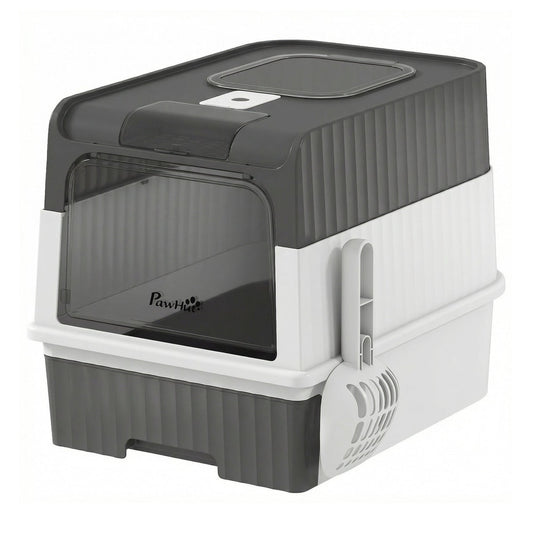 PawHut Enclosed Cat Litter Box with Lid in grey and white with a scoop attached to the side