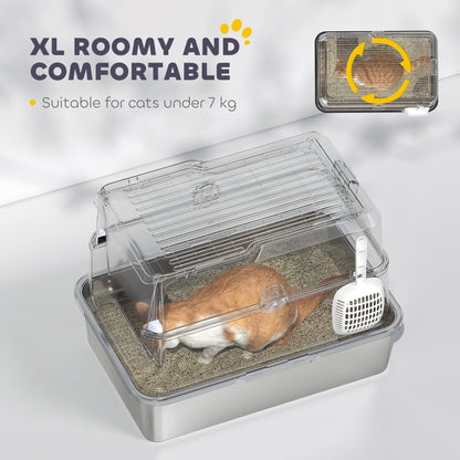 A cat inside the spacious stainless steel cat litter box with a clear flip top lid