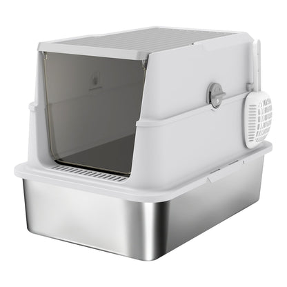 PawHut Extra Large Stainless Steel Cat Litter Tray with scoop and flip top lid