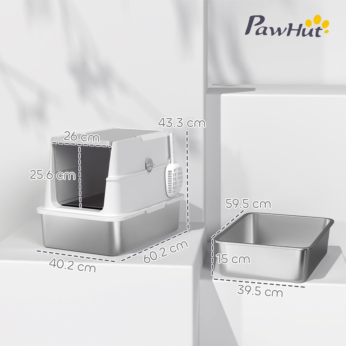 Dimensions of the extra large stainless steel cat litter tray shown with measuring lines