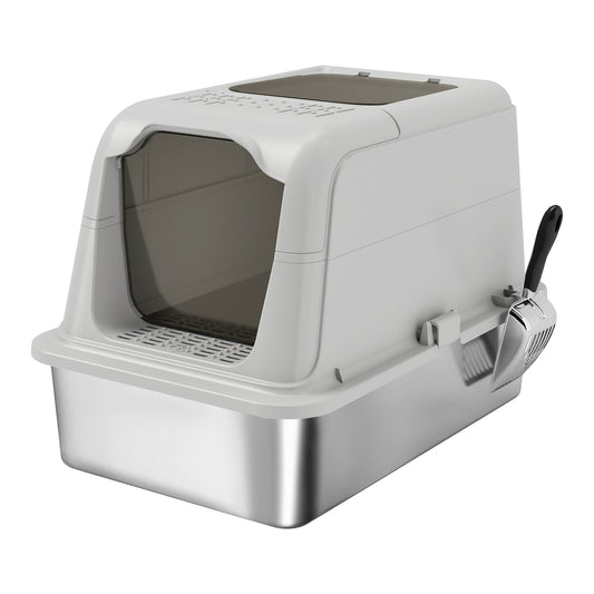 PawHut Extra Large Stainless Steel Litter Box with a scoop attached to the side