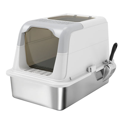 PawHut Extra Large Stainless Steel Litter Box with a scoop attached to the side