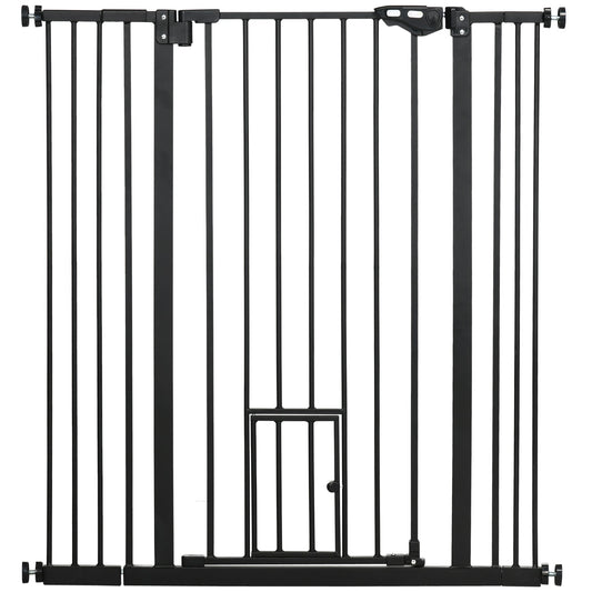 PawHut Extra Tall Pet Gate shown in black with a small cat flap in the centre