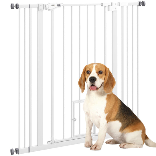 PawHut Extra Tall Pet Gate, a white metal safety gate with a small dog flap, shown with a beagle sitting in front