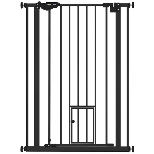 PawHut Extra Tall Pet Gate, a tall black metal safety gate with a small cat flap door