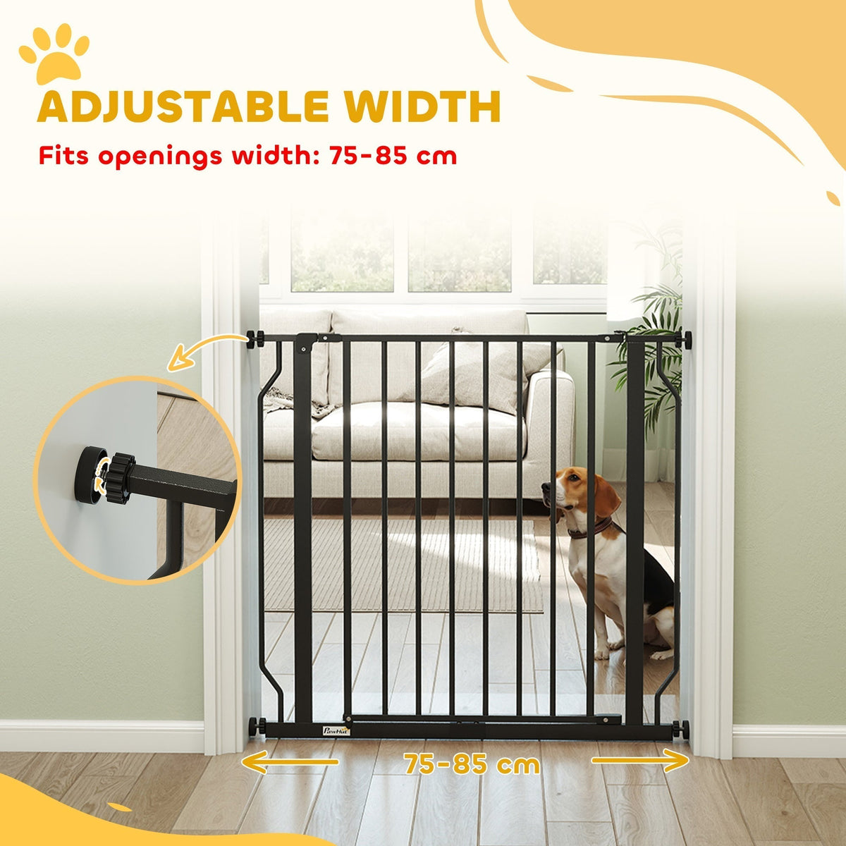 The dog gate in a doorway with an inset showing the adjustable pressure screw mechanism