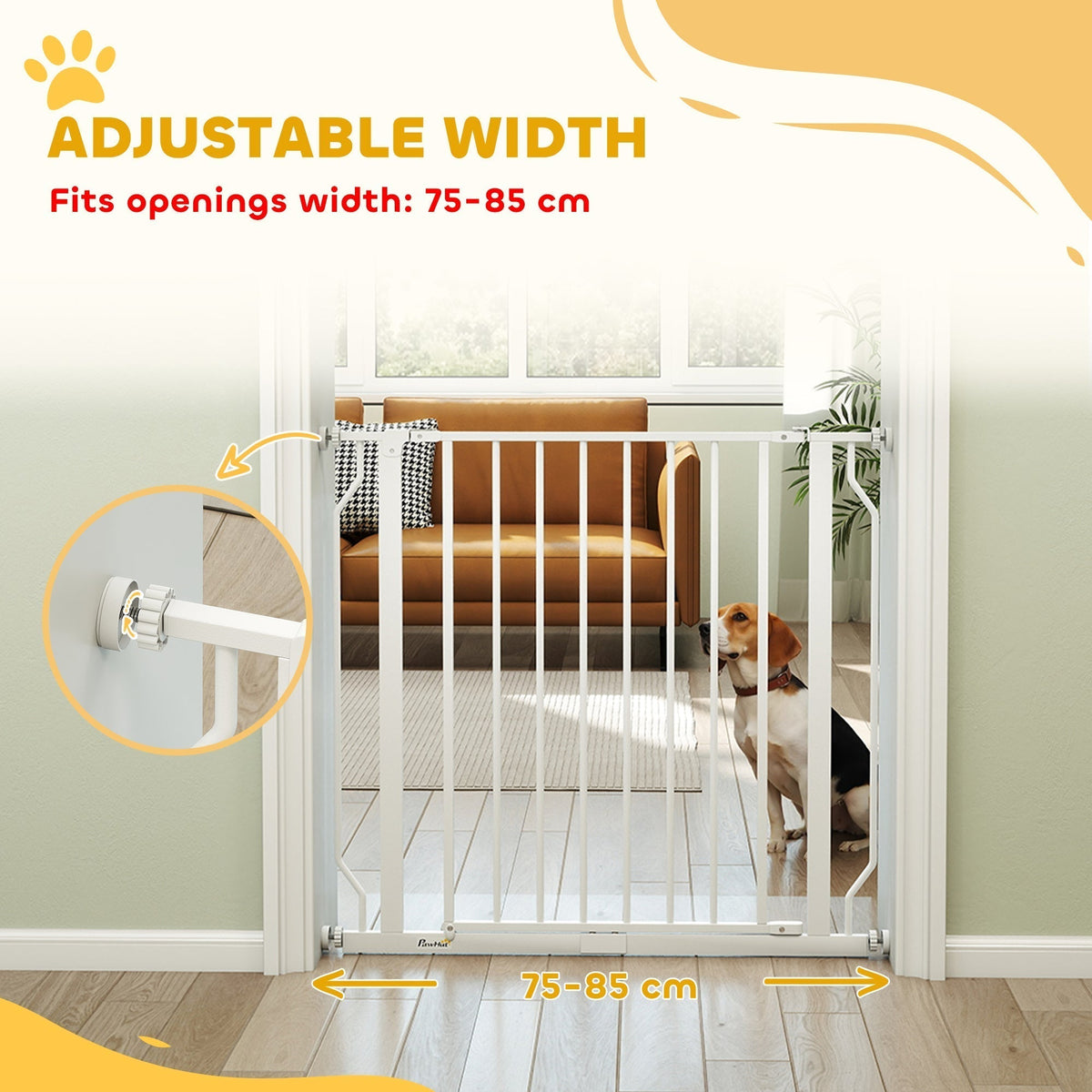 The white metal dog gate is shown fitted in a doorway, with text indicating adjustable width