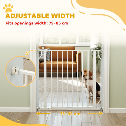 The white metal dog gate is shown fitted in a doorway, with text indicating adjustable width