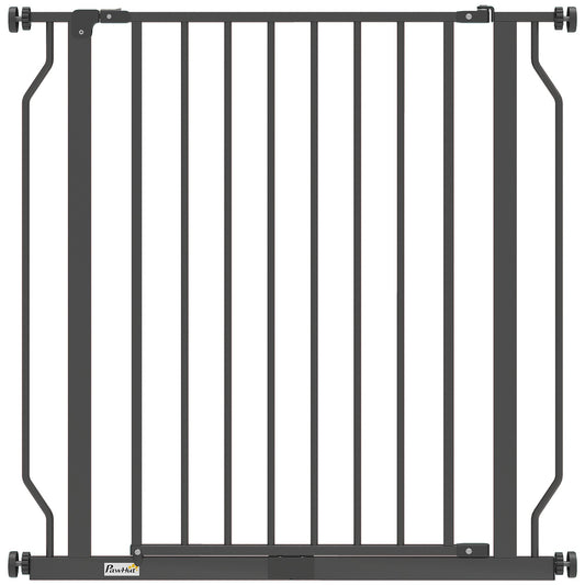 PawHut Extra Wide Dog Gate in black with a central door and adjustable pressure mounting points