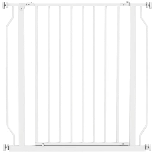 PawHut Extra Wide Dog Gate, a white metal pressure-mounted pet barrier with vertical bars