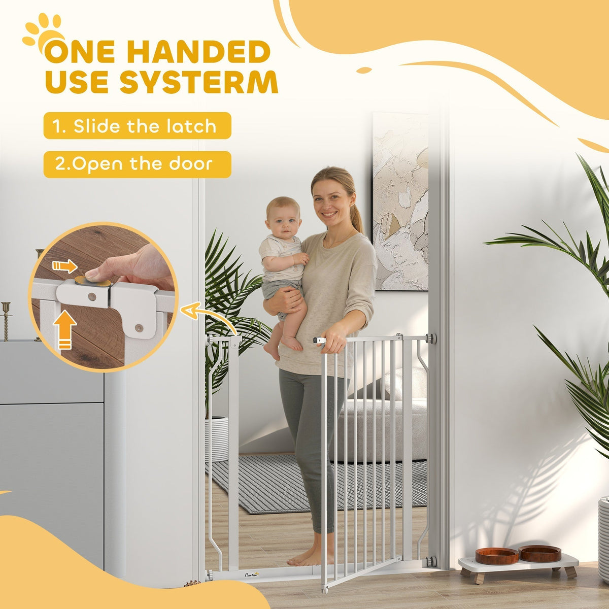 A woman holds a baby while operating the latch on the white metal dog gate with one hand
