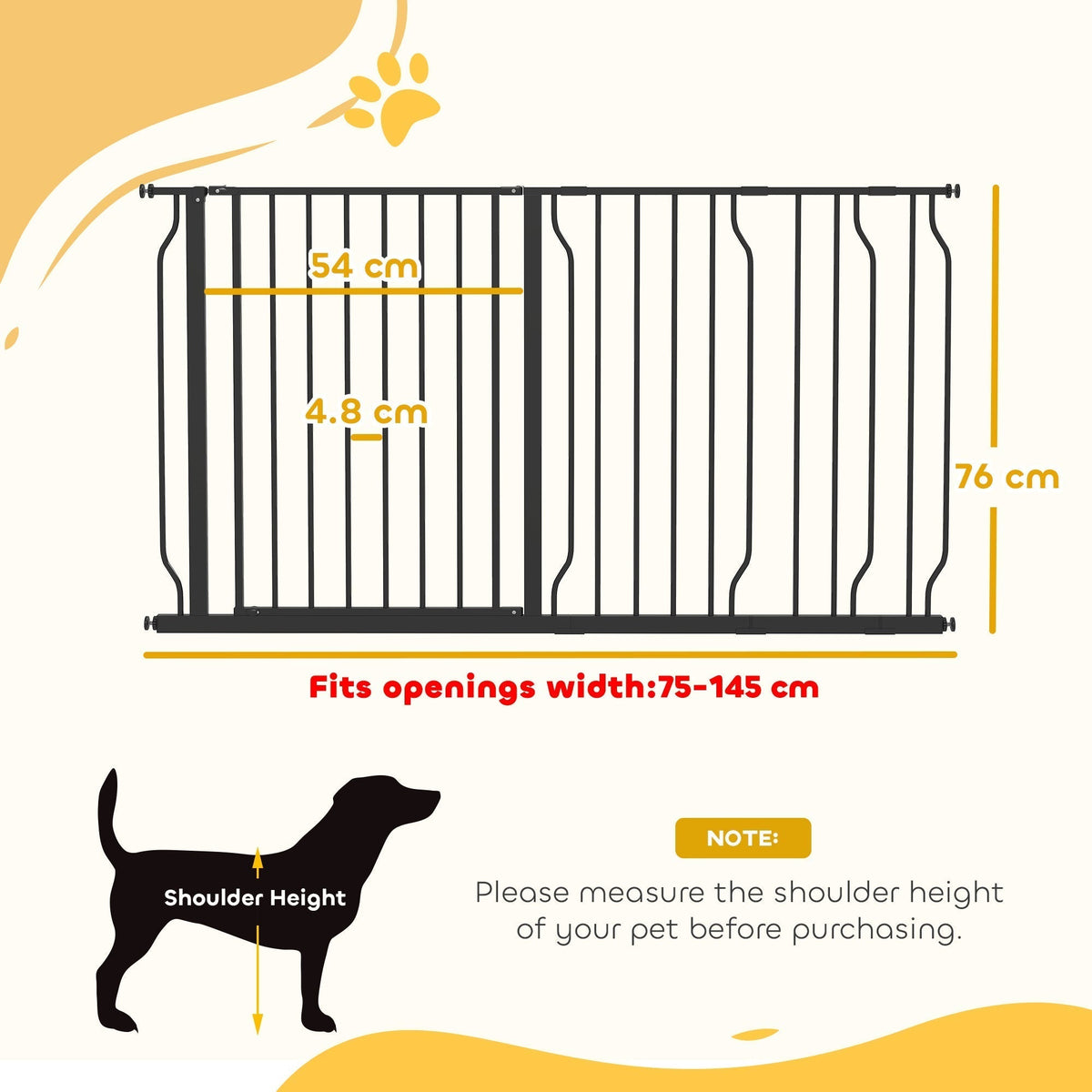 Diagram showing the dimensions of the black metal dog safety gate, including height and width adjustments