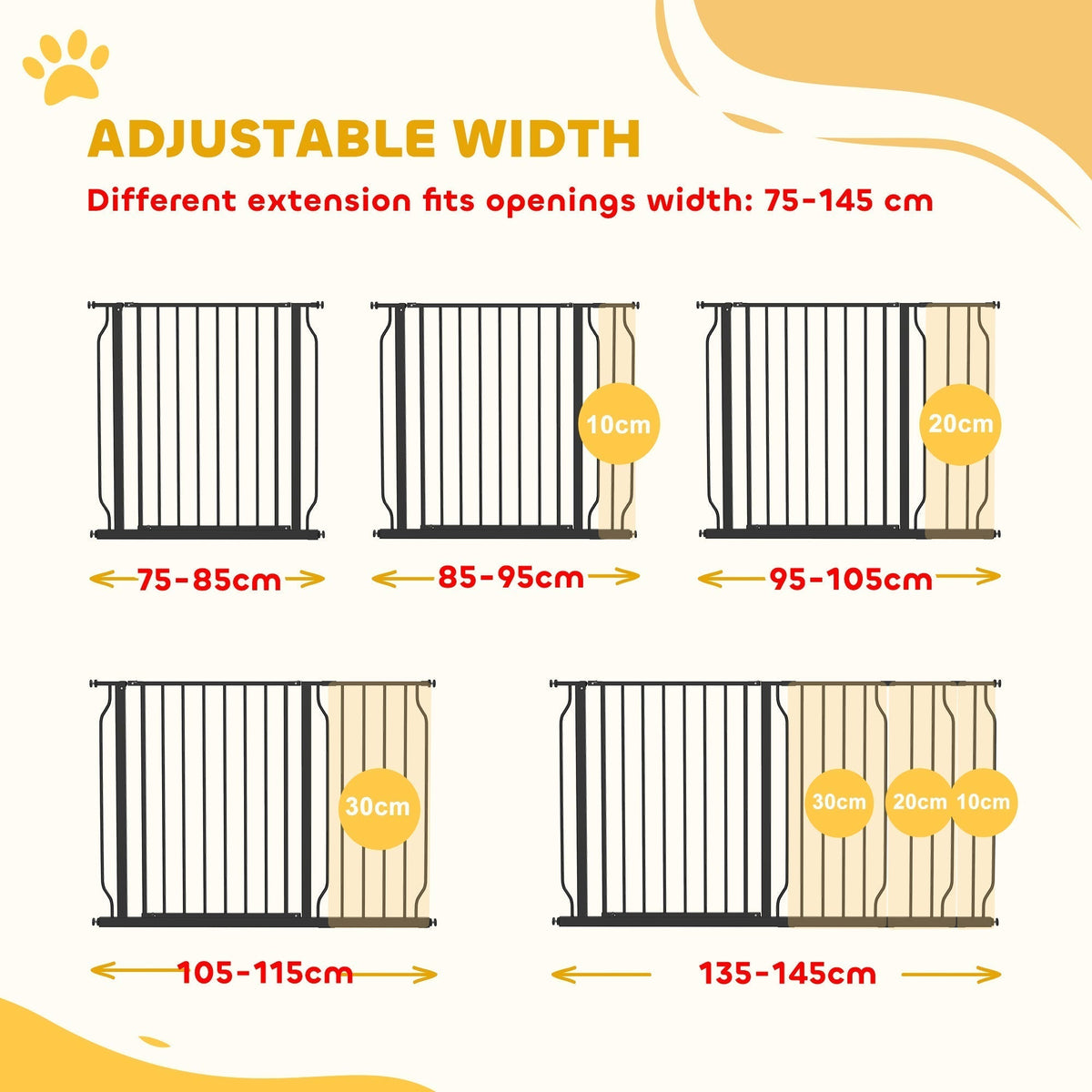 Diagram illustrating the adjustable width of the black metal dog safety gate with different extension pieces