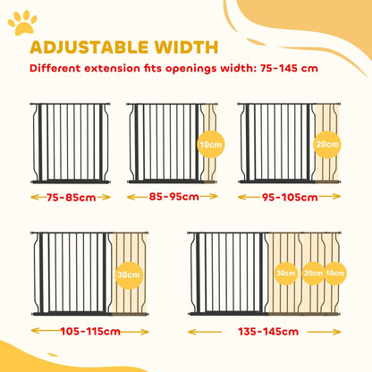 Diagram illustrating the adjustable width of the black metal dog safety gate with different extension pieces