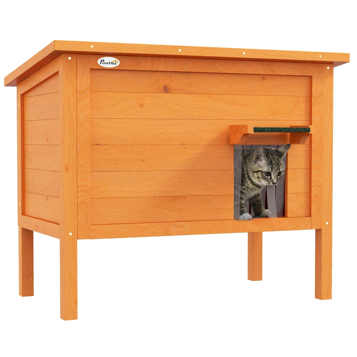 PawHut Feral Cat House with a tabby cat standing inside the entrance on a white background