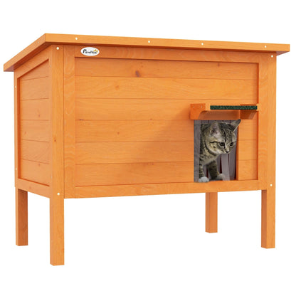 PawHut Feral Cat House with a tabby cat standing inside the entrance on a white background