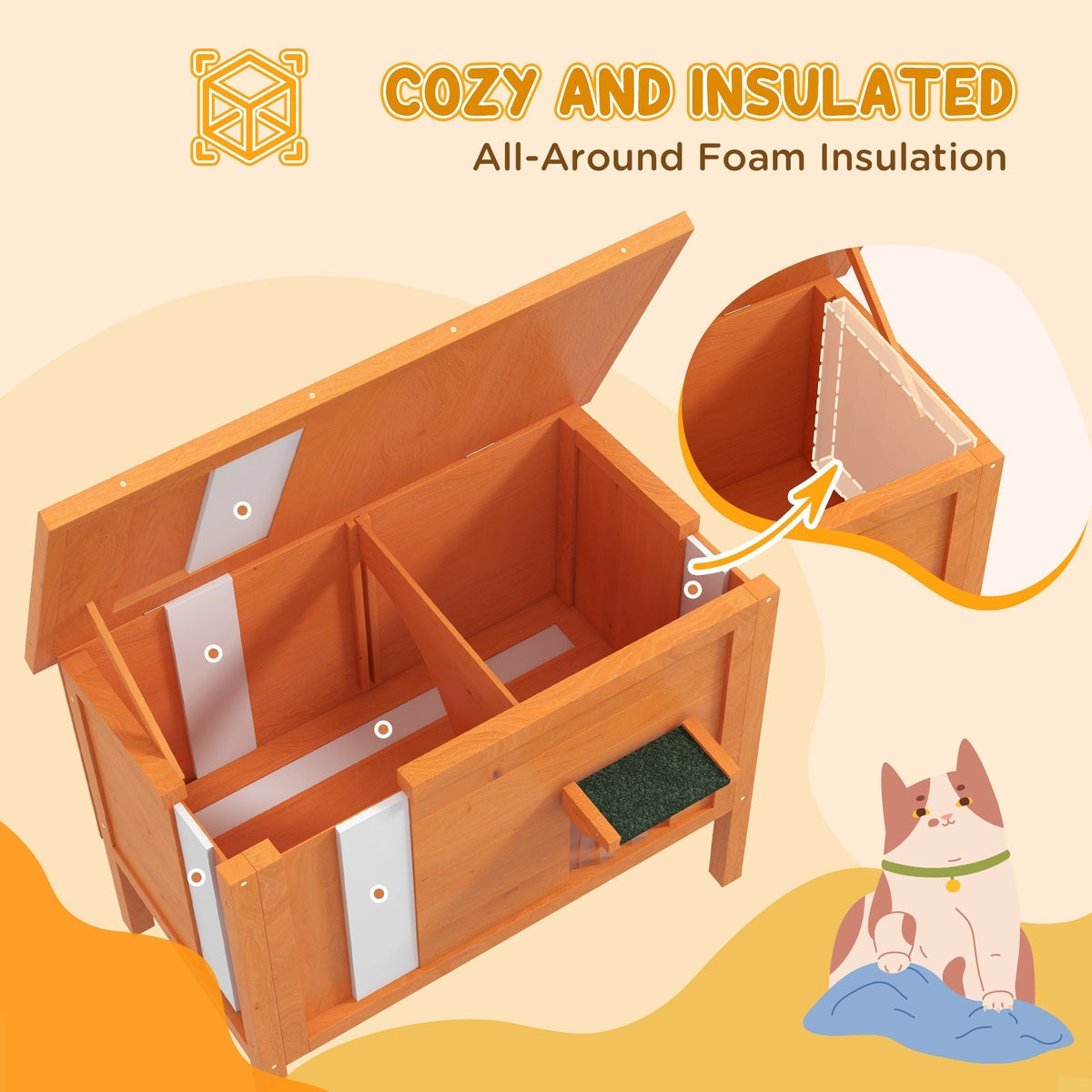The wooden cat house showing the interior foam insulation panels and a cartoon cat graphic