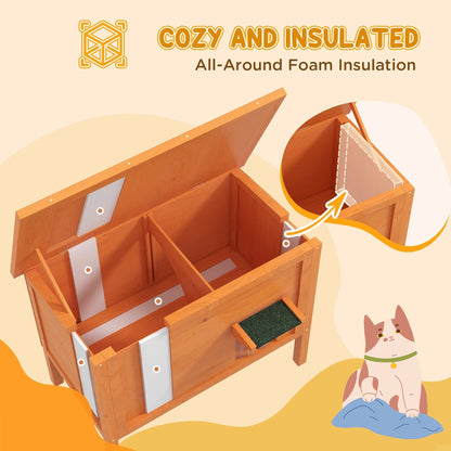 The wooden cat house showing the interior foam insulation panels and a cartoon cat graphic