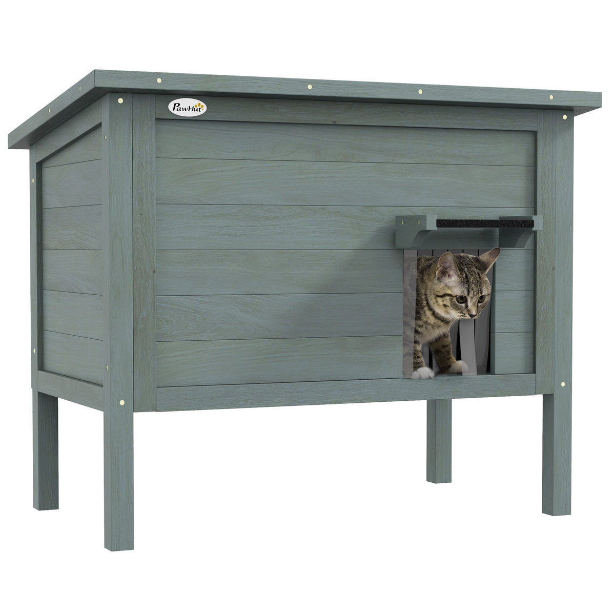 PawHut Feral Cat House in charcoal grey, a wooden outdoor shelter with an entrance hole