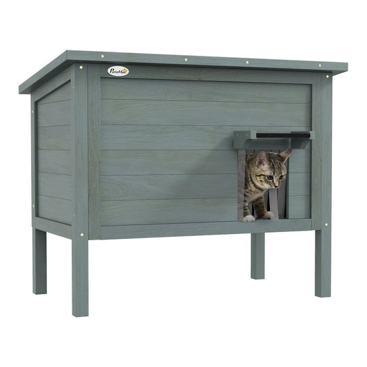 PawHut Feral Cat House in charcoal grey, a wooden outdoor shelter with an entrance hole