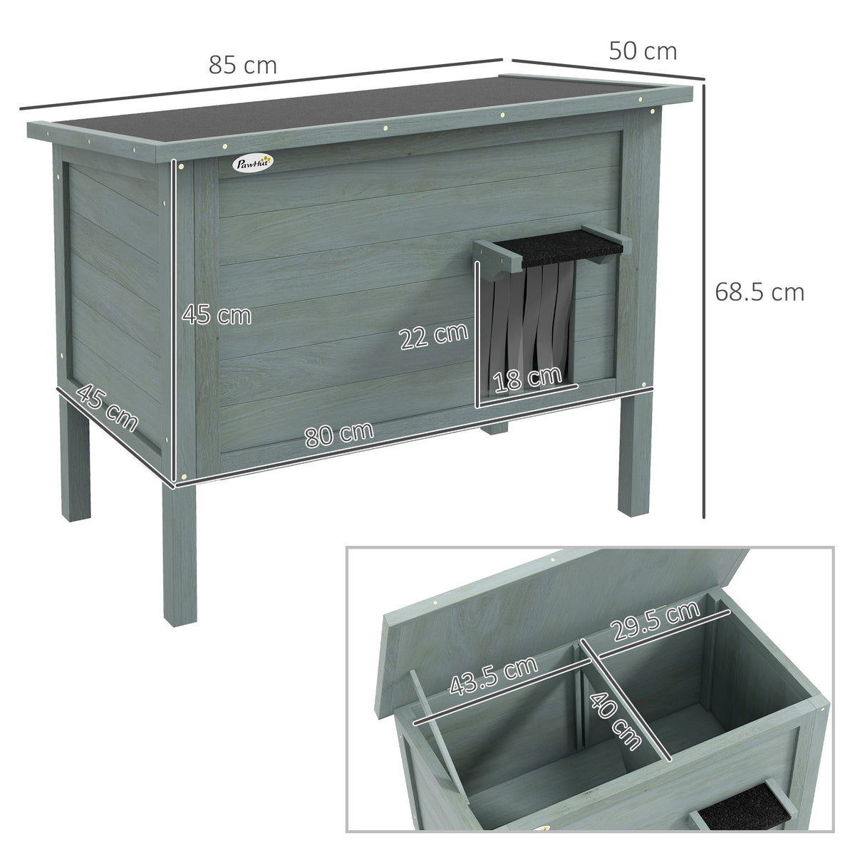Dimensions of the charcoal grey wooden cat house shown with measurements