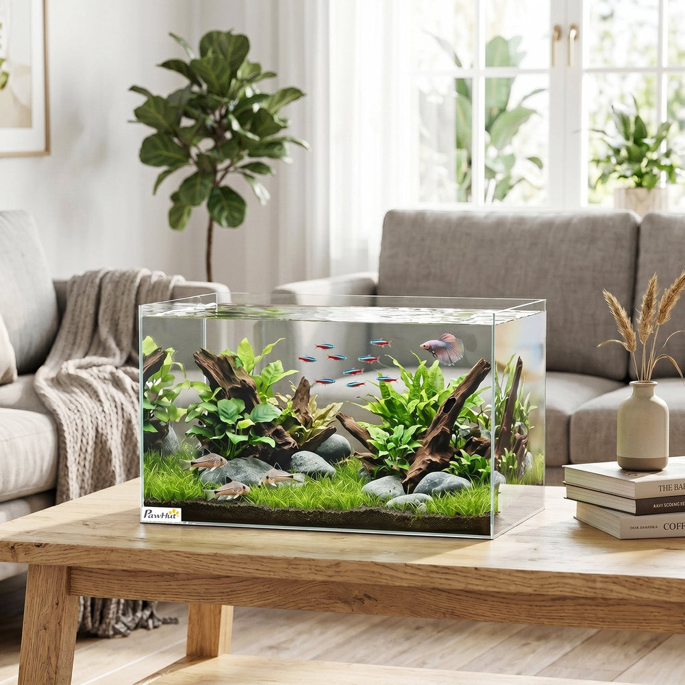 A fully set up glass aquarium with fish and plants, displayed on a wooden coffee table in a living room